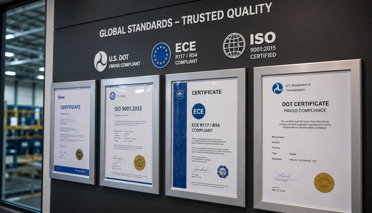 DOT ECE and ISO certification display for Global Tire Export tire programs