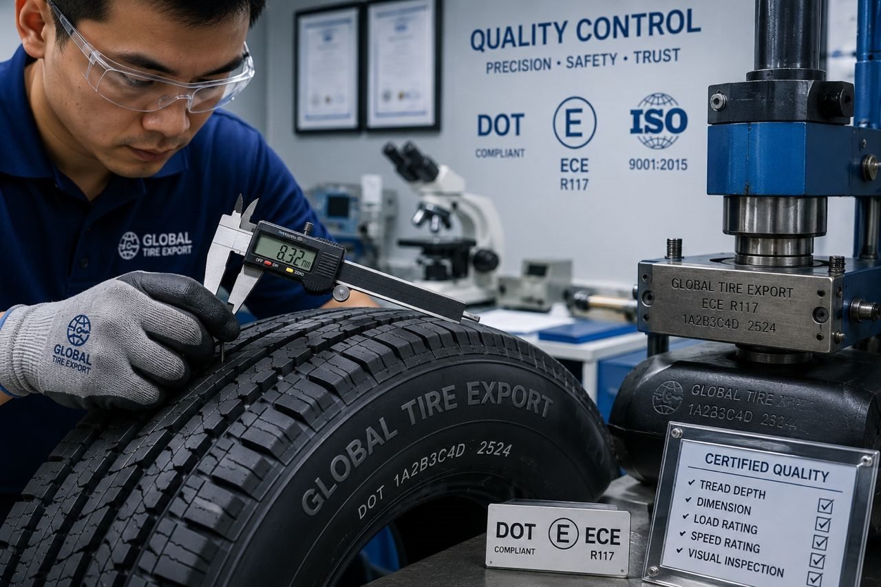 Global Tire Export technician inspecting tread depth, dimensions and DOT ECE tire markings