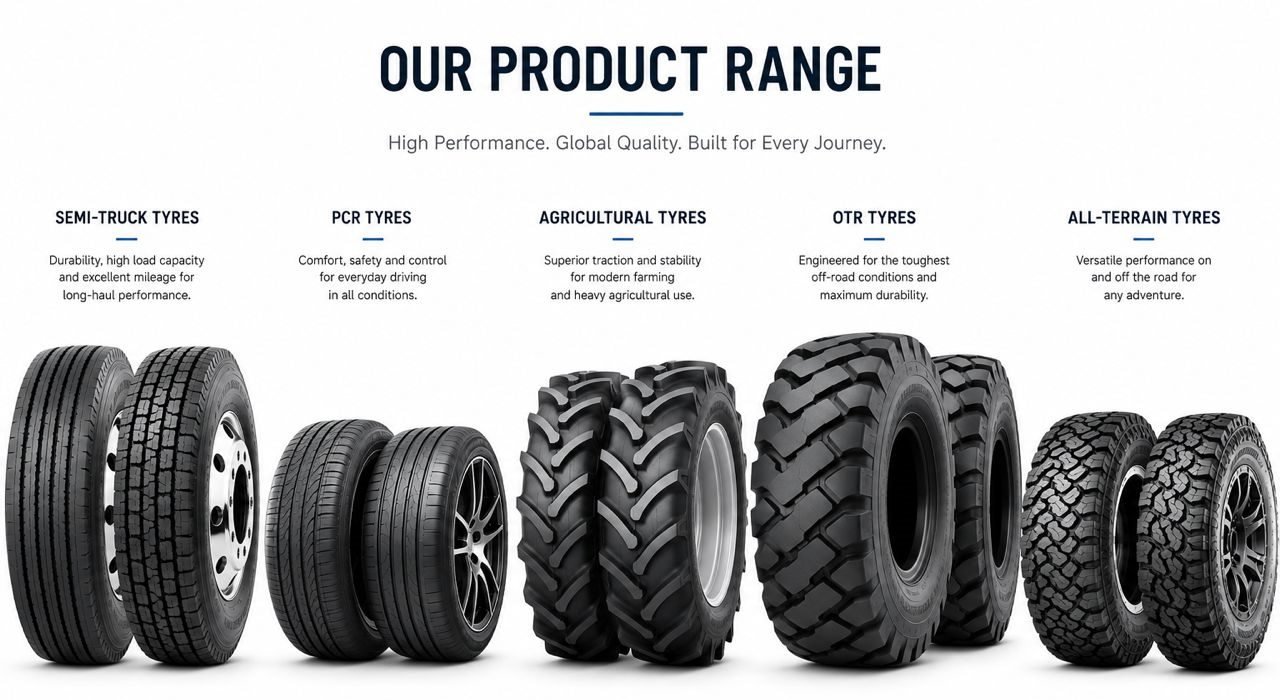 Global Tire Export wholesale tire product range including truck, passenger, agricultural, OTR and all-terrain tires